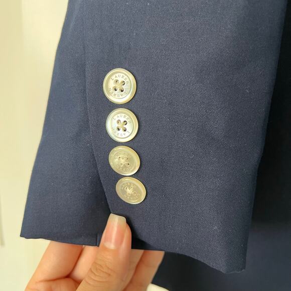 Lauren Ralph Lauren Navy Cotton Silk Blazer Size 4 Classic One Button Silk blend - Picture 9 of 14